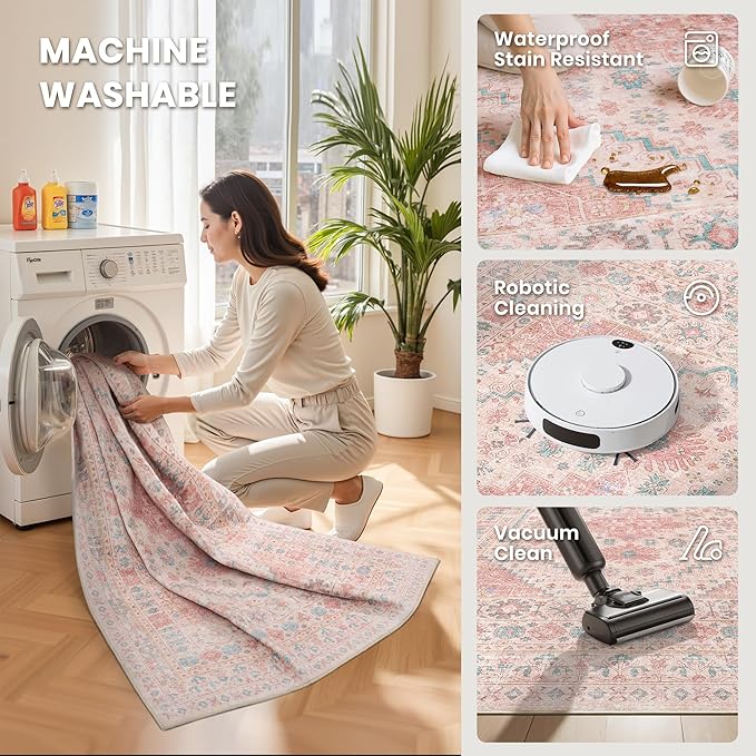 zesthome 6x9 Washable Rugs for Baby Girl, Super Soft Pink Rugs for Nursery Room, Non-Slip Stain Resistant Bedroom Rug, Ultra-Thin Large Area Rug (Pink/Blue,6'x9')