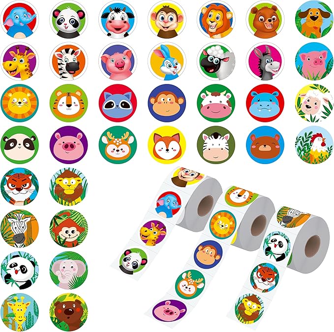 1800 PCS Round Animal Stickers, 36 Designs Adorable Cartoon Teacher Reward Encouragement Stickers for Kids, Party Decoration Sticker for School Classroom Home with Perforation Line(1” Each, 3 Rolls)