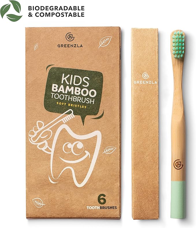 GREENZLA Kids Bamboo Toothbrushes, Natural Toothbrush Set, Soft Bristles, Durable Charcoal Wooden Brushes, Compostable Design for Toddlers and Children, 6 Pack