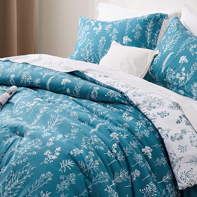 Bedsure King Comforter Set - Teal Blue Bed Set, 3 Pieces Cute Floral Bedding, 1 Soft Reversible Botanical Flowers Comforter and 2 Pillow Shams