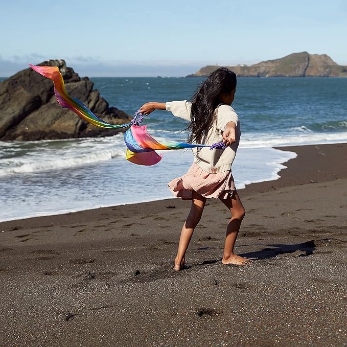 Sarah's Silks Wrist Streamers | 100% Silk Montessori and Waldorf Toys | Rhythm Ribbons for Dance, Imaginative, and Pretend Play | Includes 2 Pieces - Rainbow