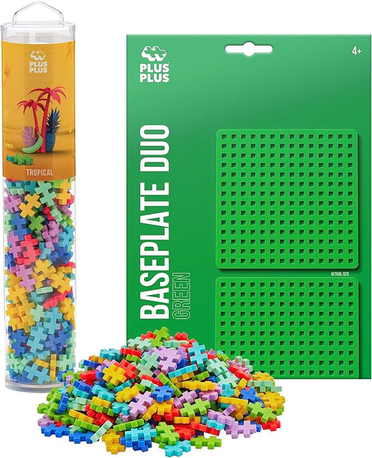 PLUS PLUS 240 Piece Interlocking Building Blocks for Kids, Open Ended Connecting Toys, STEM Bin Mini Manipulatives - Tropical Mix Play Tube & Baseplate