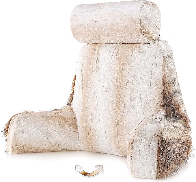 Husband Pillow Medium Rare Baby Coyote Fabulous Faux Fur Backrest, Two-Tone Reversible Double Sided Reading & Bed Rest Pillow with Arms & Neck Roll Adjustable Memory Foam - Sit Up Extremely Comfy