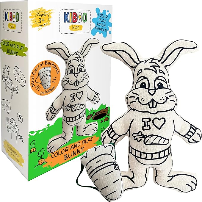 Color Your Doll - Bunny with Mini Carrot Backpack - Washable Markers Included - Reusable, Educational Art & Crafts Toy for Kids - Play, Wash, Repeat - Creative Gift for Easter Basket