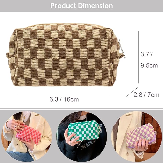 PAZIMIIK Checkered Makeup Bag for Purse Portable Zipper Make Up Pouch Small Cosmetic Case for Travel Accessories (Coffee)