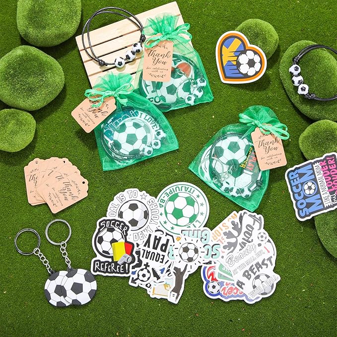 130 Pcs Soccer Party Favors Soccer Gift with Soccer Keychain Organza Soccer Goodie Bags Soccer Bracelet Soccer Stickers Kraft Tag Soccer Party Decorations for Boys Girls Birthday Sports Events