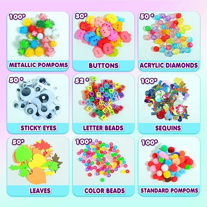 Arts Craft Supplies for Kids, 1000+ PCS Toddler DIY Craft Art Supply Set Include Pipe Cleaners, Pom Poms, Storage Box, 2025 Christmas Holiday Gift for 4-12 Years Old Boys and Girls