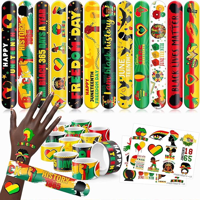 48 PCS Happy Juneteenth African Party Favors 24PCS Tattoos Stickers 24PCS Slap Bracelets Wristbands Perfect for Themed Birthday Baby Showers or Classroom Rewards Ideal Decor and Gifts for Adults