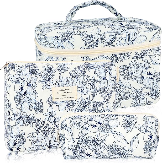 URSKYTOUS 3Pcs Cotton Quilted Makeup Bag for Women Girls Large Small Travel Black Floral Cosmetic Bags Set Cute Coquette Makeup Pouch for Purse Aesthetic Cloth Flower Storage Toiletry Bag Organizer