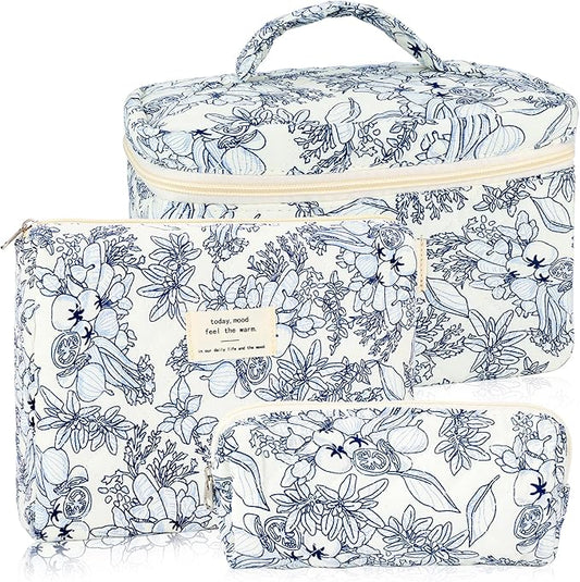 URSKYTOUS 3Pcs Cotton Quilted Makeup Bag for Women Girls Large Small Travel Black Floral Cosmetic Bags Set Cute Coquette Makeup Pouch for Purse Aesthetic Cloth Flower Storage Toiletry Bag Organizer