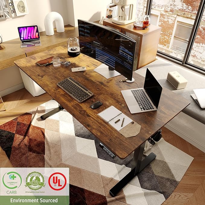 Monomi 55" Electric Standing Desk,Height Adjustable Home Office Sit Stand Up Computer PC Table,Tall Standup Workstation, Gaming, Writing, Study,Bedroom Rising Desks with Two-Piece Desktop,Brown