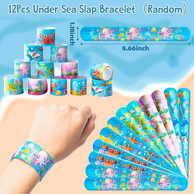 ANGOLIO Ocean Sea Animals Party Favor - 114Pcs Ocean Aniamls Toys Include Sea Animals Keychains Stickers Bracelet Cute Make A Face Stickers for Kids Ocean Themed Birthday Party Classroom Rewards