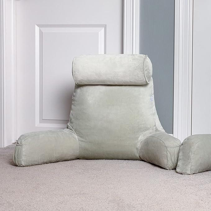 Husband Pillow Medium Desert Sage, Backrest for Kids, Teens, Petite Adults - Reading Pillows with Arms, Adjustable Plush Memory Foam, Bed Rest Chair Sitting Up, Detach Neck Roll, Removable Cover