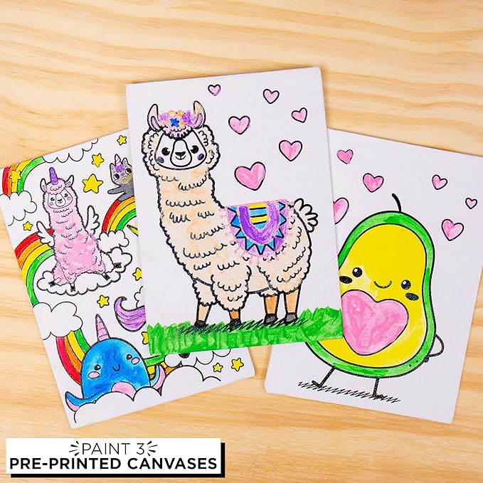 Horizon Group USA Pre-Printed Canvas & Paint Art Set. Ready to Paint 5" x 7" Canvas Panels, 12 Tempera Paints, 6 Easy-Grip Assorted Paintbrushes Included. Avocado, Llama, Rainbow Friends.