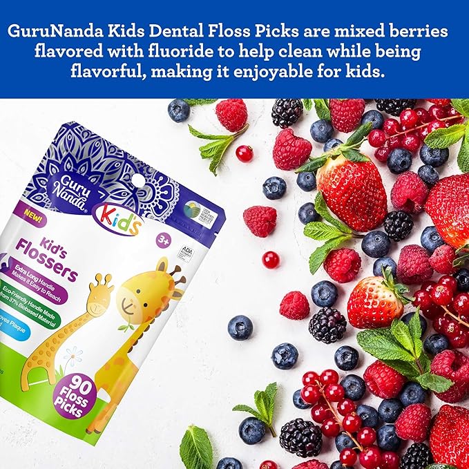 GuruNanda Dental Floss Picks for Kids, Extra-Long Giraffe-Shaped Picks with Fluoride, Anti-Slip & Shred-Resistant Design & Eco-Friendly Handle & Berry Flavor, Ideal for Ages 3+, 90 Count (Pack of 2)