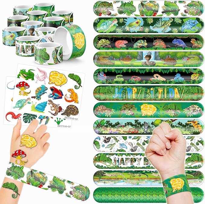48PCS Reptile Party Favors - 24 Tattoos & 24 Slap Bracelets, Alligator, Lizard, Gecko, Snake Patterns - Perfect for Reptile-Themed Birthdays, Classroom Prizes, and Party Supplies for Boys & Girls