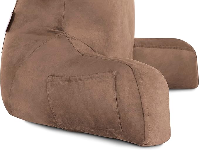 Husband Pillow Aspen Saddle Brown, Reading Pillow Bed Rest Chair, Two-Sided Reversible Fabric, Large Lounge Cushion Adult Backrest with Arms, Comfy Back Support for Sit Sitting Up, Wash/Remove Cover