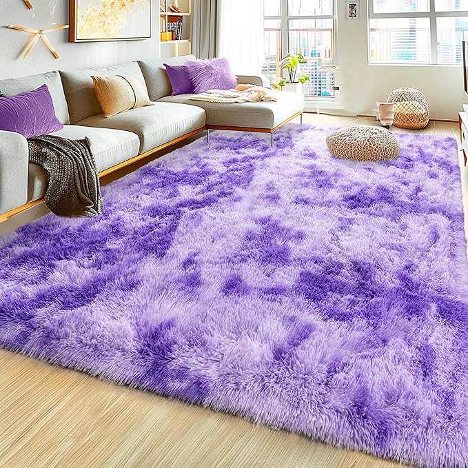 Xexsin Ultra Fluffy Area Rugs for Living Room Bedroom, 6x9 Fuzzy Large Living Room Rugs, Thick Shag Rug for Dorm, Soft Non Slip Kids Girls Boys Rug for Home Decor Aesthetic, Tie-Dyed Purple