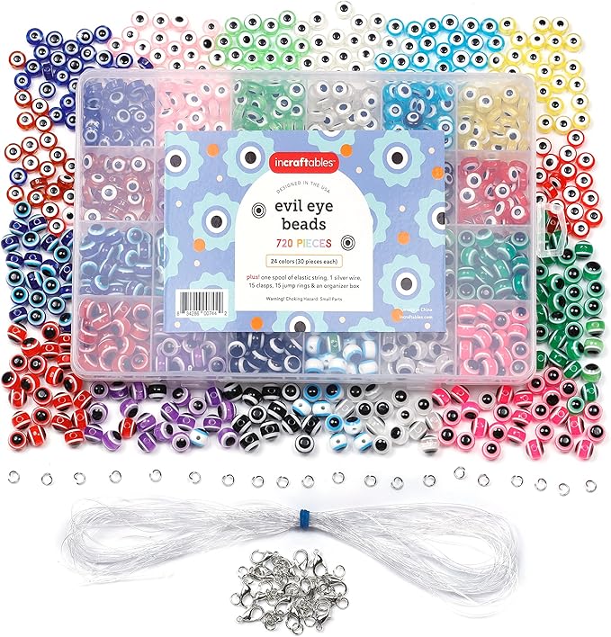 Incraftables Evil Eye Beads for Jewelry Making (24 Colors). Best Evil Eye Bracelets kit (720pcs). Round Glass Beads for DIY Charms & Necklace with Elastic String & Clasps