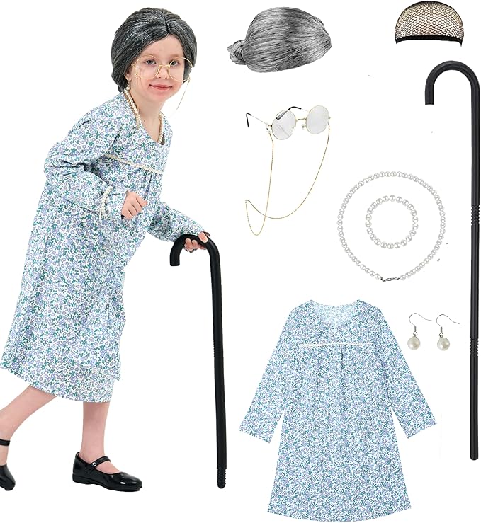 Girls 100 days of school costume Grandma dress Halloween cosplay Little Old Lady Costume for kids