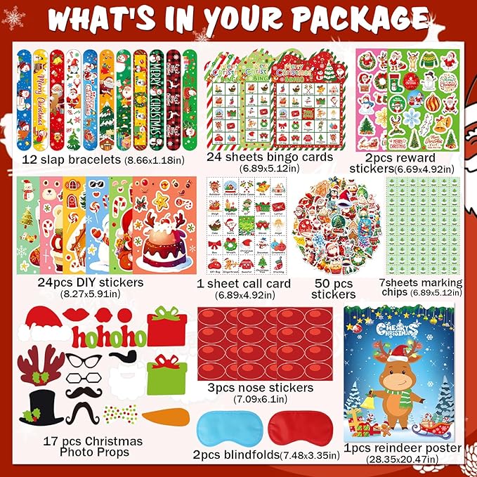166Pcs Christmas Party Games for Kids Christmas Games 24 Player Christmas Bingo Game Pin Nose Game 24Pie Face Game Stickers Christmas Slap Bracelets Photo Props Christmas Games for Kids
