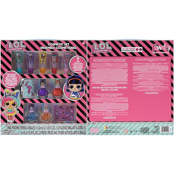 LOL Surprise Townley Girl 11 Pcs Sparkly Cosmetic Makeup Set for Kids Includes 5 Lip Gloss, 5 Nail Polish & Nail Stickers for Girls Tweens, Ages 3+ Perfect for Parties, Sleepovers and Makeovers