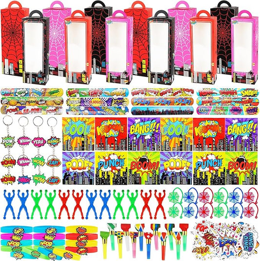 146Pcs Hero Party Favors for Kids, Goodie Box Stuffers Include Mini Notebooks Slap Bracelets Keychain Blowing Dragon Stickers Sticky hands Toy, for Carnival Classroom Prizes Birthday Party Gifts