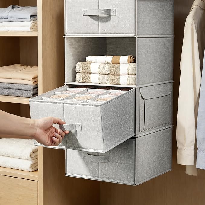 6-Shelf Hanging Closet Organizer with 3 Drawers, 6-Shelf Inseparable Closet Organizers and Storage for Wardrobe Organization, Hanging Dresser for Nursury & Dorm Clothes Organizer, Silver Gray