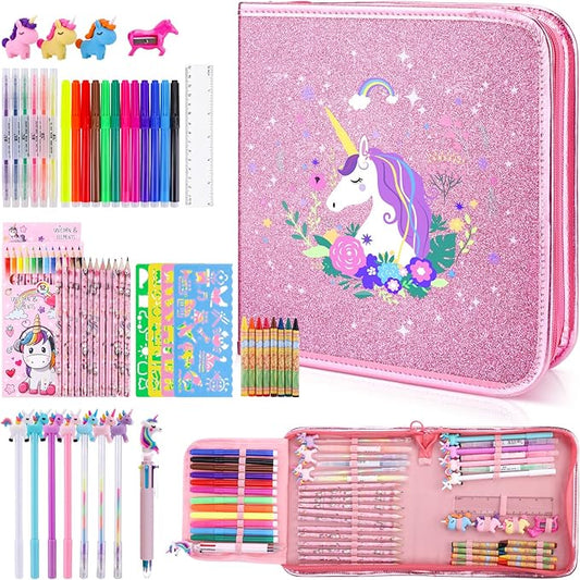 56 Pc Fruit Scented Marker Set with Glitter Unicorn Case, Art Supplies Kit for Kids Ages 4-8