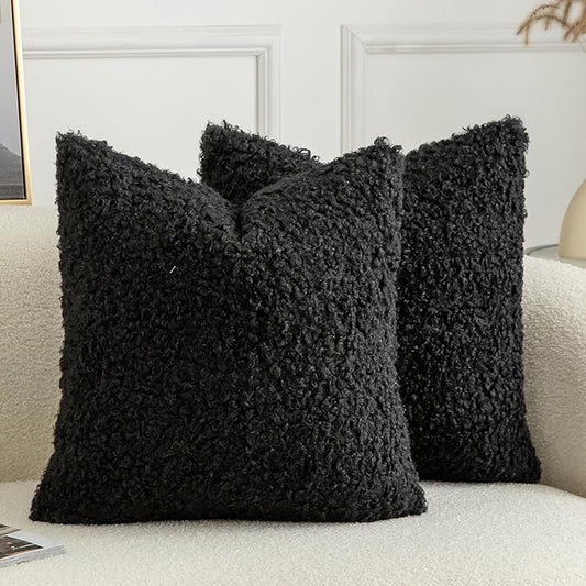 Pack of 2 Curly Teddy Wool Faux Fur Throw Pillow Covers Fuzzy Accent Soft Sherpa Pillowcases Sheepskin Fleece Decorative Cushion Case for Sofa Couch Living Room 24x24 Inch Black