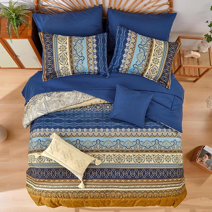 Cottolester Boho Comforter Set California King Size 8 Pieces,Brown Blue Bohemian Comforter Paisley Striped Bed in A Bag,Soft Microfiber Bedding Set for All Season