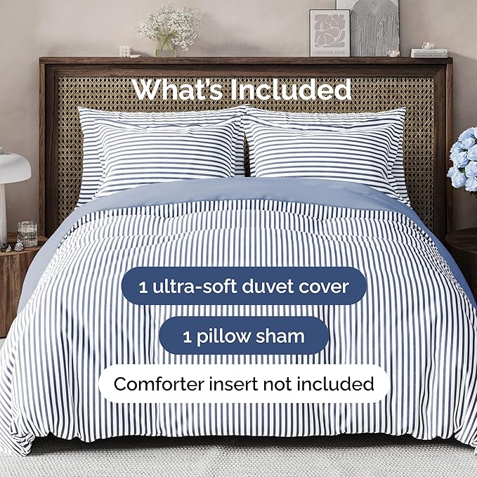 Duvet Cover Twin/Twin XL Size Set - Extra Soft Duvet Cover 68 x 90 with 1 Pillow Sham - Hotel Luxury, Easy Care and Fade Free w/ Zipper Closures & Ties - Comfy, Breathable Bedding Set (Blue Stripes 2)