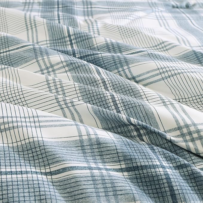 MaiRêve Plaid Queen Comforter Sets, Blue Grey Grid Farmhouse Bedding Set Bed in A Bag, Classic Checkered Comforter Sets with Fitted & Flat Sheet, Pillowcases & Shams(Blue Grey, 90"x90")