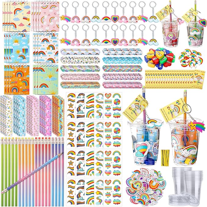 251 Pcs Party Favors Set Includes Drink Gift Cup Mini Notebooks Pencils Heart Eraser Pencil Sharpener Slap Bracelets Ruler Tattoo Stickers Cards Keychain School Stationery Set(Rainbow)