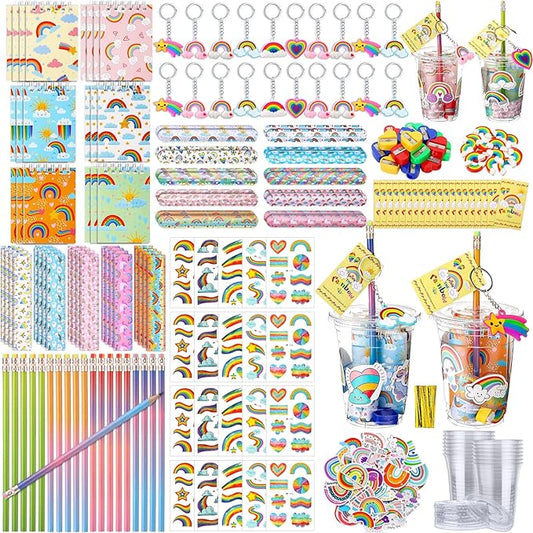 251 Pcs Party Favors Set Includes Drink Gift Cup Mini Notebooks Pencils Heart Eraser Pencil Sharpener Slap Bracelets Ruler Tattoo Stickers Cards Keychain School Stationery Set(Rainbow)