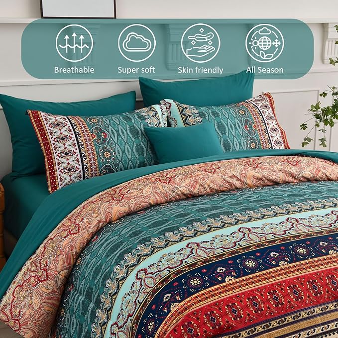 Cottolester Boho Queen Size Comforter Set 8 Pieces,Green and Brown Bohemian Striped Bed in a Bag,Floral Soft Microfiber Bedding Comforter Set