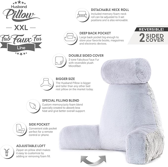Husband Pillow XXL Rare Baby Arctic Grey Wolf Backrest, Two-Tone Reversible Double Sided Fabulous Faux Fur Reading & Bed Rest Pillow with Arms & Neck Roll, Adjustable Memory Foam - Extremely Comfy