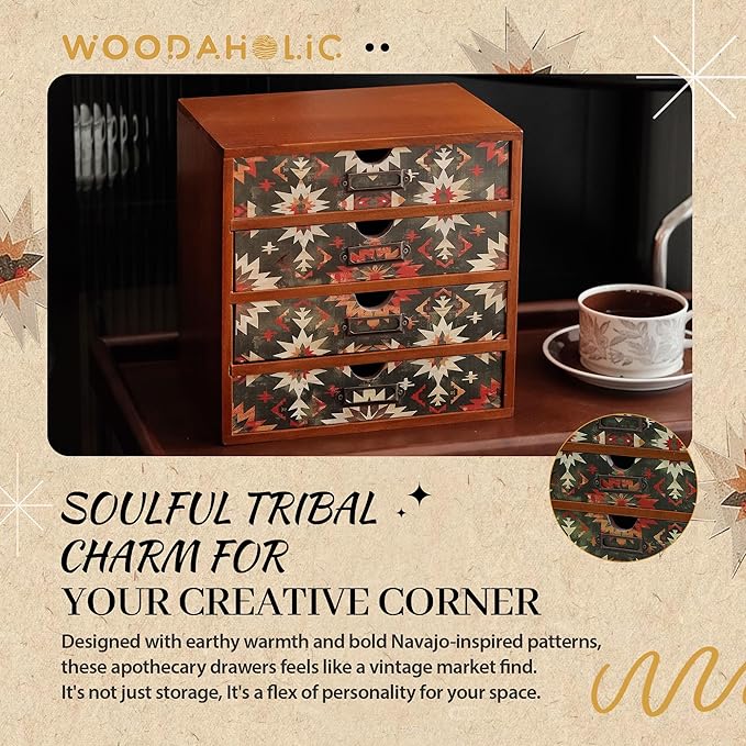 Boho Green Wooden Desk Organizer with Drawers – 4-Drawer Desktop Storage Box – Rustic Tribal Wood Desk Organizer for Office, Vanity, or Craft Supplies – Compact & Stylish Wooden Storage Drawers