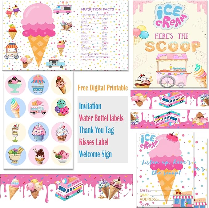 Ice Cream Party Favor 72 PCS Slap Treat Box Bracelets DIY Stickers Icecream Cone Foam Ball Keychain Bubble Gift Rewards for Kids Candyland Birthday Supply