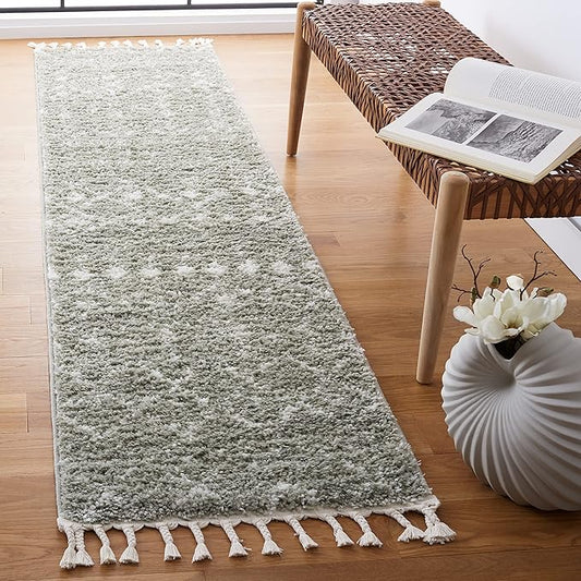 SAFAVIEH Berber Fringe Shag Collection Runner Rug - 2'2" x 8', Sage & Ivory, Moroccan Design, Non-Shedding & Easy Care, 1.2-inch Thick Ideal for High Traffic Areas in Living Room, Bedroom (BFG516W)