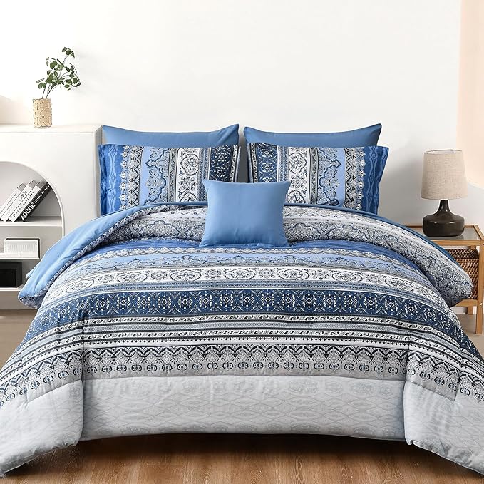 Cottolester Boho Comforter Set Queen Size,8 Pieces Blue and Grey Bohemian Striped Bed in a Bag,Paisley Soft Microfiber Bedding Comforter Set