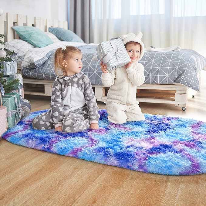 Noahas Oval Fluffy Purple Rainbow Rug 2.6X5.3 Small Kids Rugs for Bedroom Girls And Boys Aesthetic,Bedside Bedroom Rug,Ultra Soft Runner Carpet Modern Shaggy Nursery Area Rugs Home Decor''