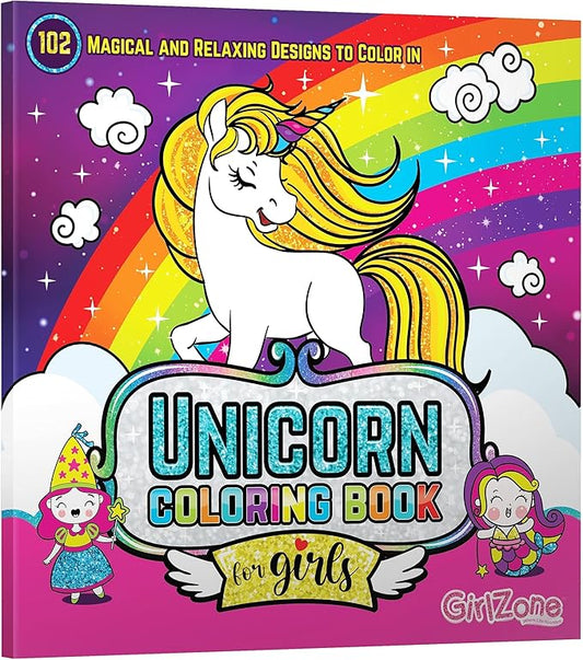 GirlZone Unicorn Coloring Book for Kids Ages 4+, Arts and Crafts Unicorn Coloring Books with 102 Fun Designs Like Fairies and Sea Animals for Teen Girls