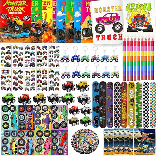 142Pcs Monster Trucks Party Favors for Toddlers Kids 4-8 Truck Car Toys Coloring Books with Crayons Bulk Birthday Supplies Tattoo Stickers Stamper Bracelets Keychain School Classroom Gift Goodie Bags