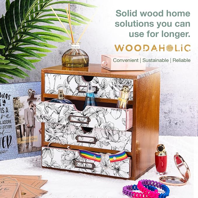 Vintage Desk Organizer with 4 Black & White Floral Drawers - Wooden Storage Shelf Drawer for Tabletop - Wood Desktop Organizing Box Cabinet - Black & White Monochrome Botanical Toile de Jouy