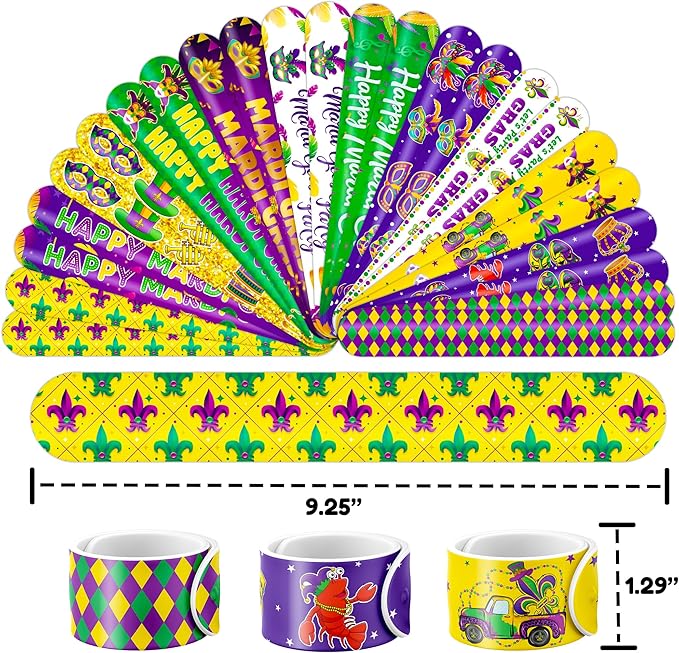 48 Mardi Gras 24PCS Mardi Gras Temporary Tattoos Sticker 24PCS Slap Bracelets Perfect for Themed Birthday Party Favors Baby Showers or Classroom Rewards Ideal Decor and Gifts for Girls and Boys