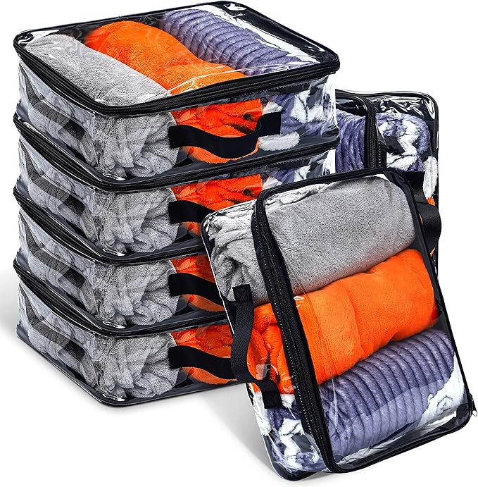 6 Pieces Large Clear Travel Packing Cube Clear Vinyl Zippered Storage Bags See Through Moving Bag PVC Multipurpose Pouch with Handle for Suitcase Shirts Dress Storage (Black, 11.8 x 10.2 x 3.9 Inch)