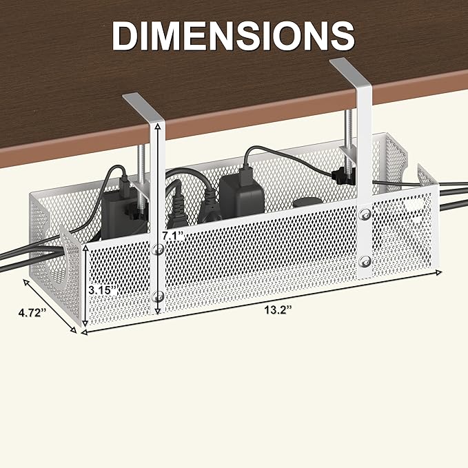 Under Desk Cable Management Tray - No Drill or Screw Mount Option, Heavy Duty Metal Cord Organizer Rack, Power Strip Holder for Office & Home
