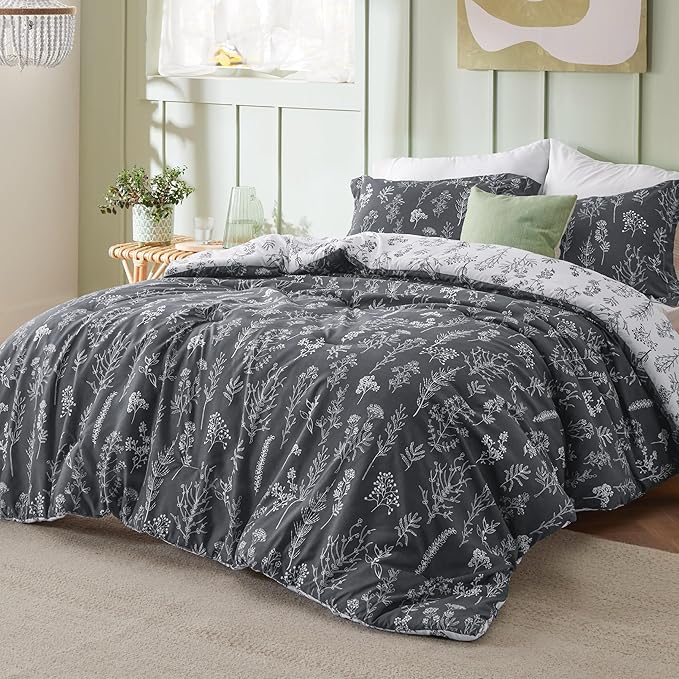 Bedsure Oversized Queen Comforter Set - Dark Grey Bed Set, 3 Pieces Cute Floral Bedding, 1 Soft Reversible Botanical Flowers Comforter and 2 Pillow Shams