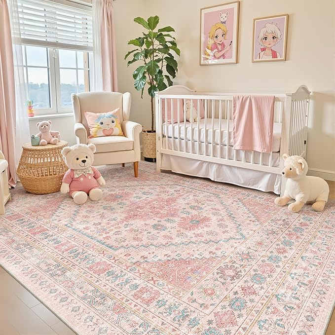 zesthome 7x9 Washable Rugs for Baby Girl, Super Soft Pink Rugs for Nursery Room, Non-Slip Stain Resistant Bedroom Rug, Ultra-Thin Large Area Rug (Pink/Blue,7'x9')